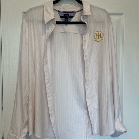 Tommy Hilfiger Pink White Striped Button Down Shirt with Gold Embroidered Logo - Picture 6 of 14